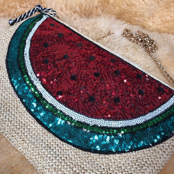 Bam Forever Watermelon/Sequins Straw Clutch Purse - Picture 6 of 14